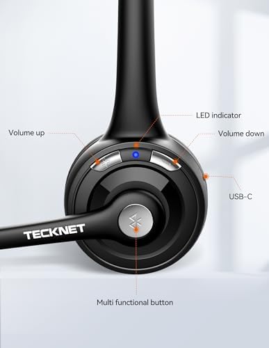 TECKNET Wireless Headset, Bluetooth Headphones with Noise Cancelling Microphone for Trucker, Hand Free Wireless Headset with Mute Mic for Cellphone/PC/Home/Office/Call Center (USB Dongle)