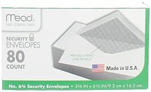 Mead #6-3/4 Envelopes, 3-5/8" x 6-1/2", Security Printed Lining for Privacy, Gummed Closure, White All-Purpose 20-lb Paper Mailing Envelopes, 80 Count (75212)