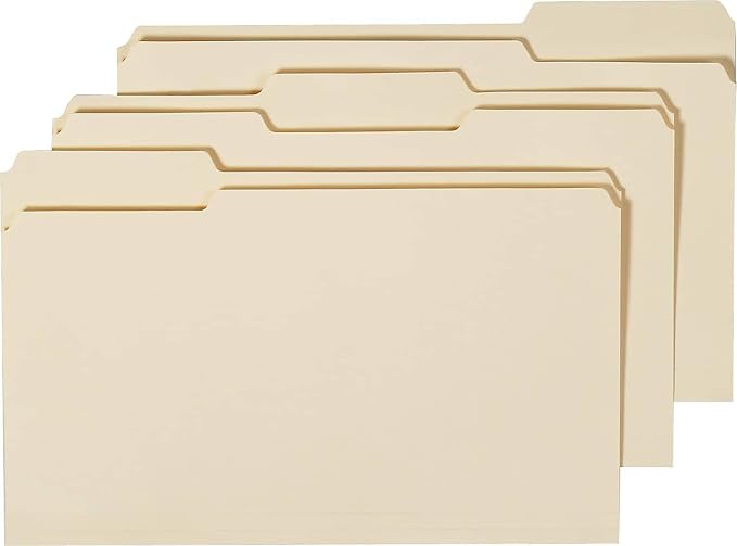 Staples 3-Tab File Folder, Legal Size, Manila, 100/Box, 5-Box Carton | Assorted tab positions in durable paper stock for document filing.