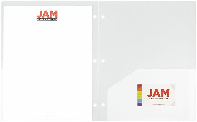 JAM PAPER Heavy Duty Plastic 3 Hole Punch Pocket Folders - Extra Tough School Folders - Clear - 24/Pack
