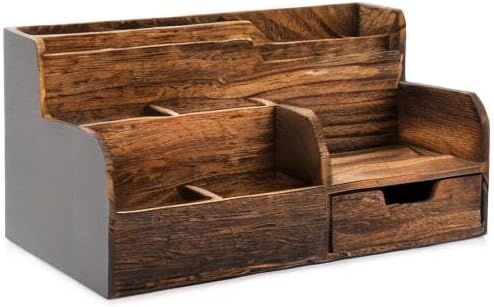 Brown Wooden Mail Organizer, Desk Organizer with 7 Compartments and Drawer, Rustic Mail Sorter with Pen Holder, Tabletop Mail Basket, Office Accessories Holder for Pen File Letter Document