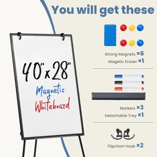 DUMOS Whiteboard Easel 40 x 28 Inches, Magnetic White Board Dry Erase, Porbable Boards Height Adjustable, Dry Erase Board with Stand for School, Office and Home, Silver Aluminium Frame, Black