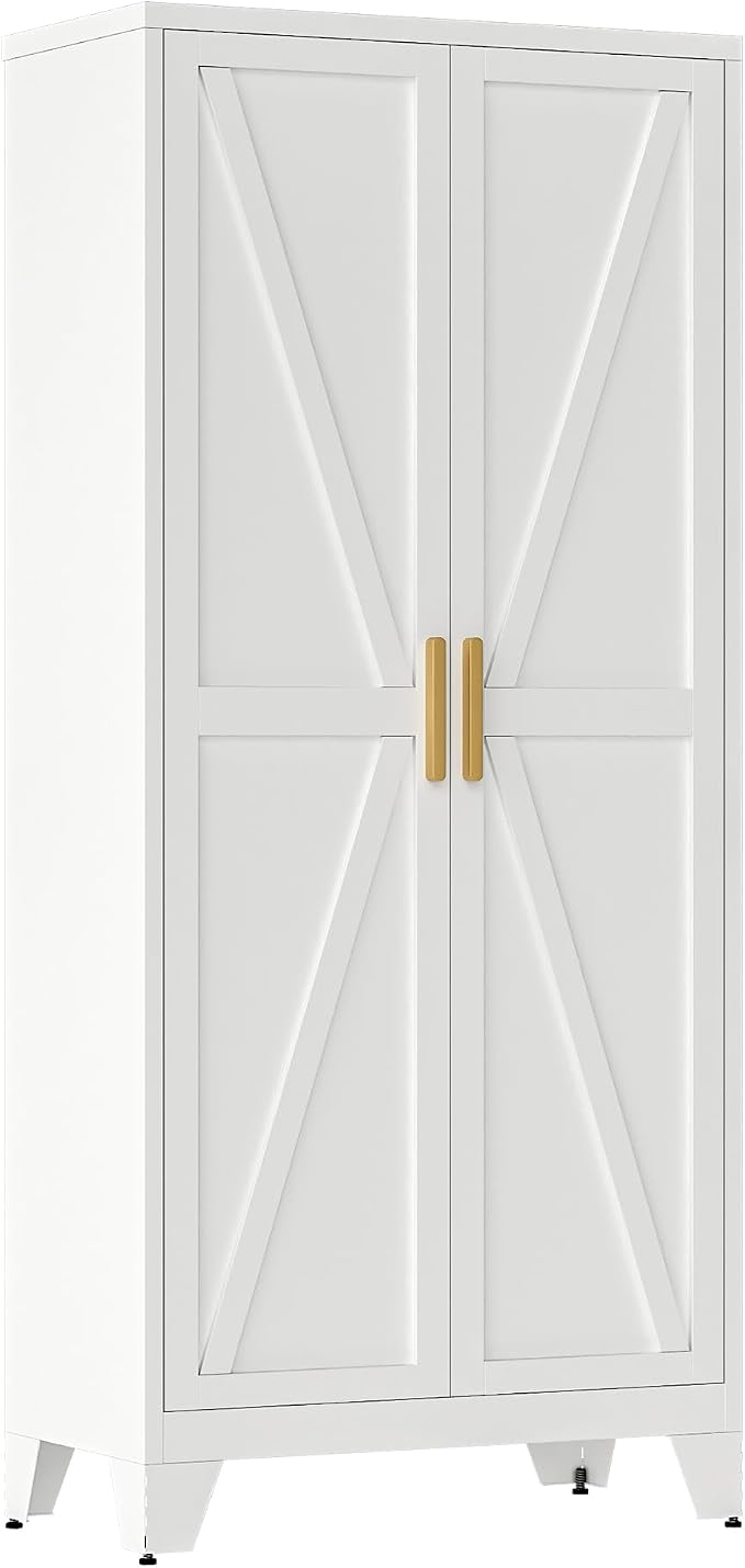 QINPTWUT 71" Metal Storage Cabinet with Doors and Shelves, Tall Pantry Cabinet in White with 2 Doors & 4 Adjustable Shelves, All-Steel Farmhouse Cupboard for Kitchen, Living Room,Home Office,Garage