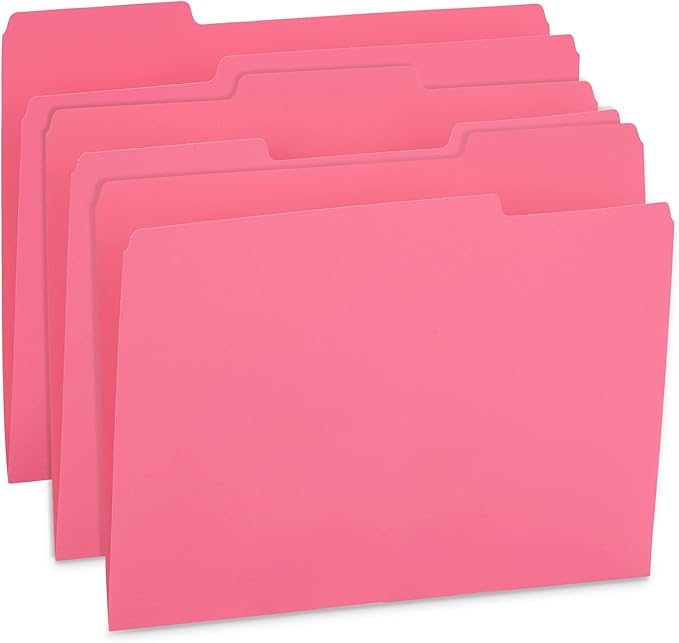 Blue Summit Supplies 100 Pink File Folders, Letter Size, 1/3 Cut Tab, 11pt | Durable 11pt pink paper, 1/3 cut tabs, holds letter size documents, home and office color coded filing