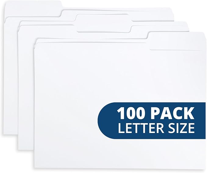 Blue Summit Supplies 100 File Folders, Letter Size, 1/3 Cut Tab, White | Durable 11pt uncoated paper, 1/3 cut top tab, assorted tab positions, for office, school, and home filing