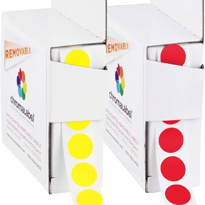 1/2" Removable Yellow and Red Dot Stickers,1000/Box Each Color | Semi-Gloss Paper Circle Labels for Offices, Classrooms, Retail, Warehouses, Food Service, and Medical Use. Made in USA