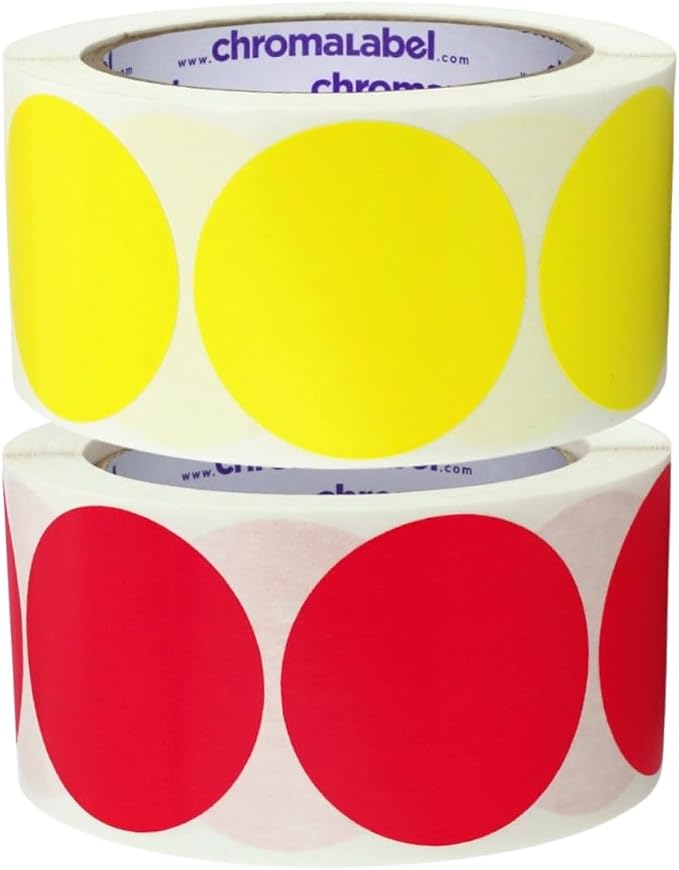 2" Red & Yellow Round Stickers, Writable, 500/Roll Each Color | Assorted Round Color Coding Labels for Inventory, Warehouses, Classrooms, Crafts, Moving and Organization. Made in USA