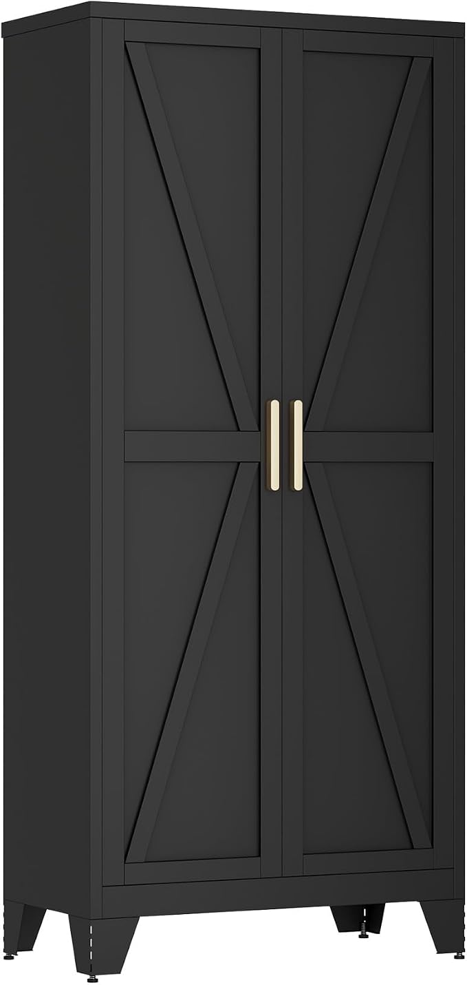 QINPTWUT 71" Metal Storage Cabinet with Doors and Shelves, Tall Pantry Cabinet in Black with 2 Doors & 4 Adjustable Shelves, All-Steel Farmhouse Cupboard for Kitchen, Living Room,Home Office,Garage
