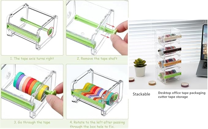 Leoyoubei Transparent Desktop Tape Machine, Mini Tape Storage Box, Double Zigzag Office/School/Family Tape Separator (Green)