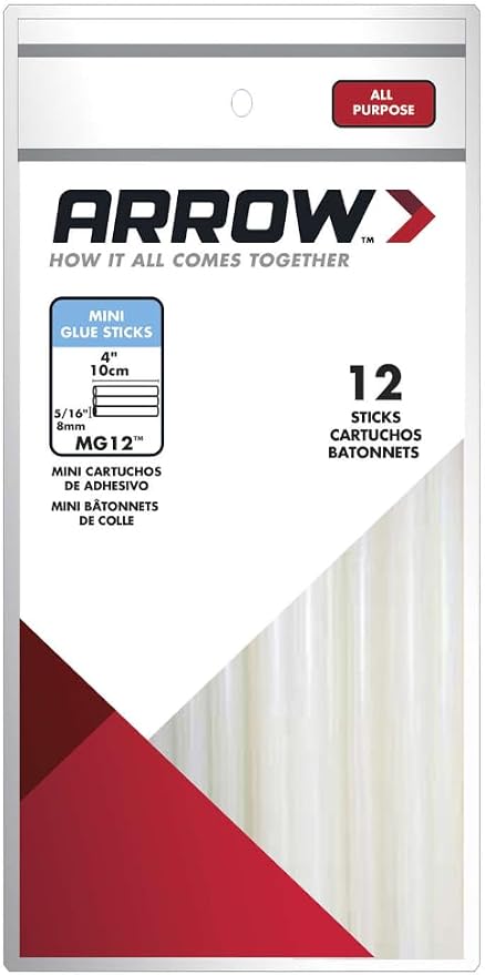 Arrow MG12 All Purpose Mini Glue Sticks for Hot Glue Guns, Use for High Temp and Low Temp Crafting, Hobbies, and General Repair Projects, 4-Inch by 5/16-Inch, Clear, 12-Pack
