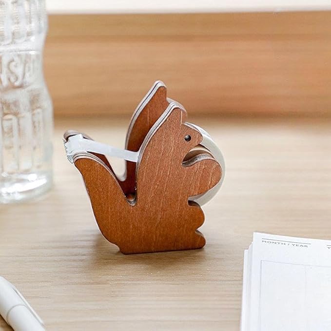 Clear Tape Dispenser - Wooden Squirrel Cute Design for Office & School Desktop - 1/2" x 250 in Tape Included