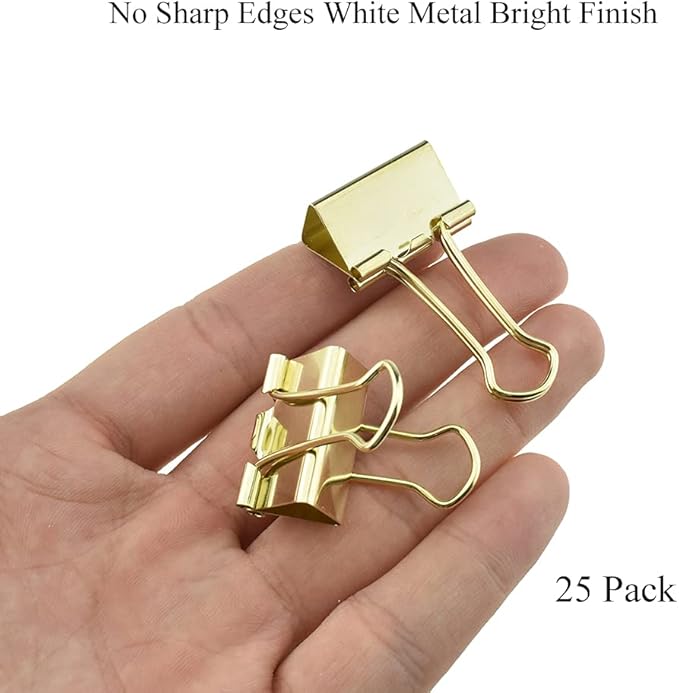 HAHIYO Binder Clips Paper Clamps Spring Steel Sturdy 0.98 inches Width 0.31 Inch Capacity No Sharp Edges Heavy Duty Tight Grip Reusable Gold Metal Bright Finish for Home Office School 25 Pack
