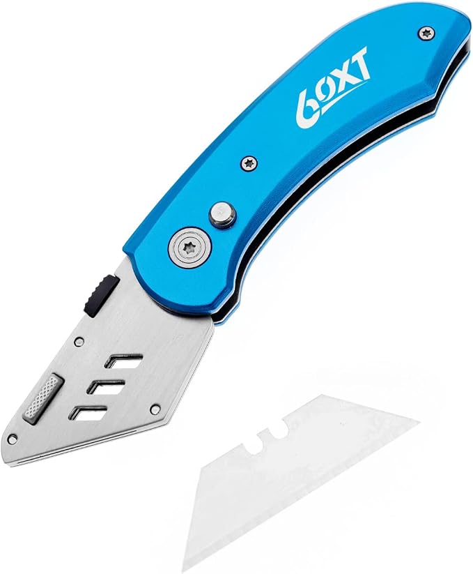 Utility Knife Folding Safety Lock Quick Change with 10 Extra SK5 Replacement Blade Lightweight Aluminum Handle & Pocket Clip Multi-Use Box Cutter Office Home Art Diy Great Gift Choice (New.Blue)