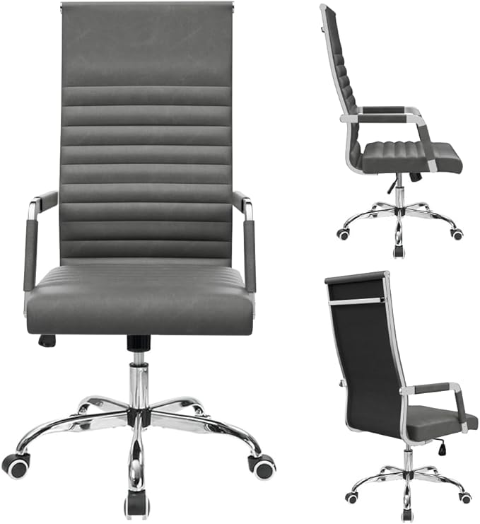 Furmax Ribbed Office Chair High Back PU Leather Executive Conference Chair Adjustable Swivel Chair with Arms (Bicolor Vintage Grey)