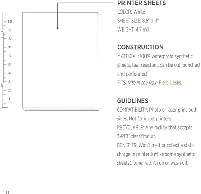 Rite in the Rain Waterproof (DURACOPY) Copier Paper, 8.5" x 11", White, 100 Sheet Pack (No. 6511)