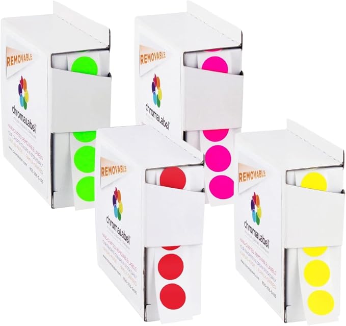 Removable Dots, Yellow, Red, Fluorescent Green & Pink | Writable Matte Paper Circle Labels for Offices, Classrooms, Retail, Freezer Storage, and File Folders. Made in USA