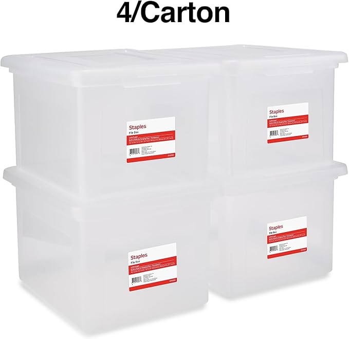 STAPLES Hanging File Folder Box, Storage Bin Organizer, Snap Lid, Letter & Legal Size Documents, Clear