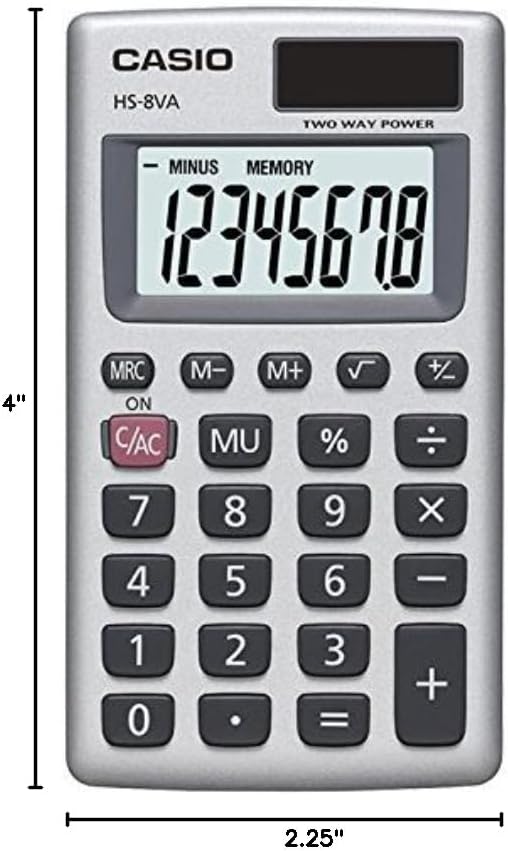 Casio HS-8VA Mini 6-Function Calculator | Large 8-Digit LCD Display | Solar Powered with Battery Backup - Standard Function - Portable Pocket Size (Pack of 2)