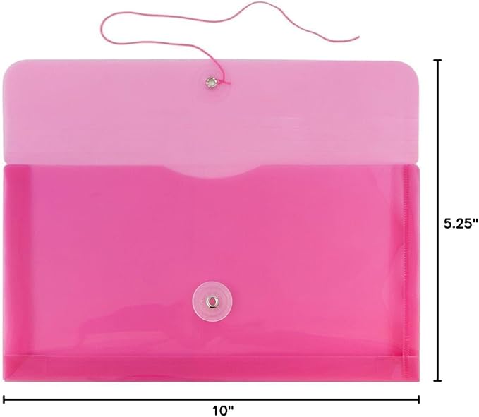 JAM PAPER Plastic Envelopes with Button & String Tie Closure - #10 Business Booklet - 5 1/4 x 10 - Fuchsia Pink - 3/pack