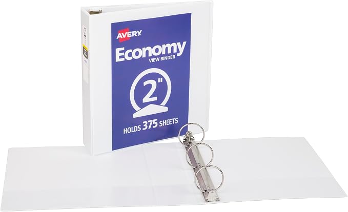 Avery Standard View 3 Ring Binders, 2" Round Rings, 375-Sheet Capacity, 2.8 Inch Wide Spine, White Binders, Ideal for Lightweight Organization and Occasional Referencing (12-Pack of 05731)