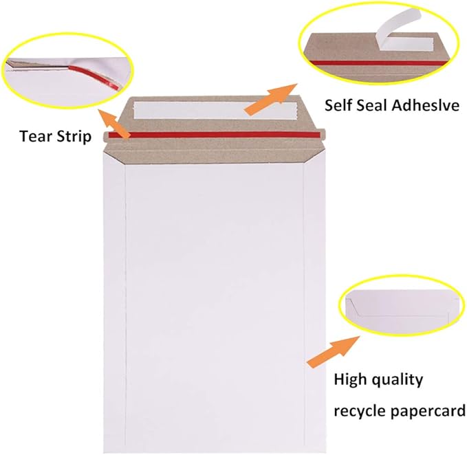 zmybcpack 100 Pack 6X8 inch Self Seal Photo Document Mailers Stay Flat White Cardboard Envelopes White Photography Mailers for CD, Photos, Document