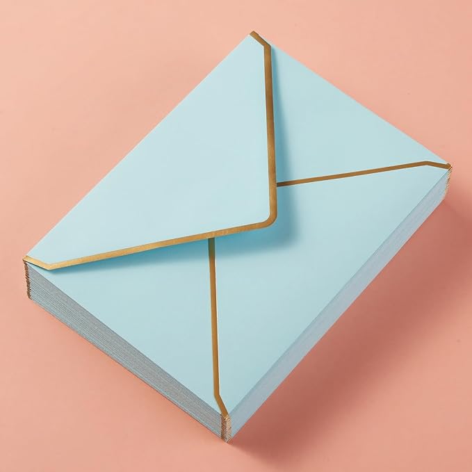 50 Pack A7 Envelopes Light Blue 5 x 7 with Gold Border | Self-Adhesive, V Flap, For Wedding, Graduation, Baby Shower, Parties, Invitations