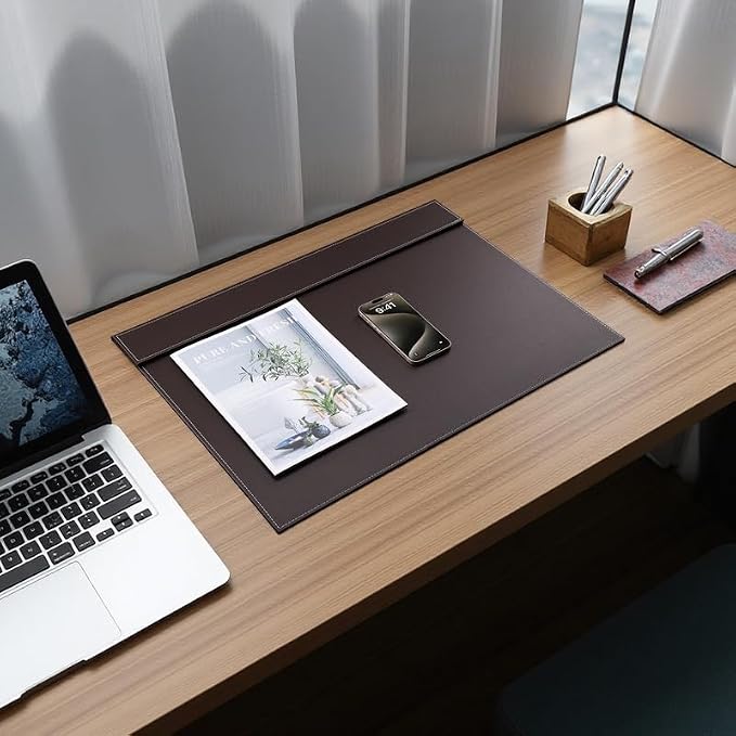 Ultra-Smooth PU Leather Desk Pad & Mat Office Desk Drawing & Writing Board A3/ A4 File Paper Clip Table Protector Mat on Top Large 24''x18'' (Brown)
