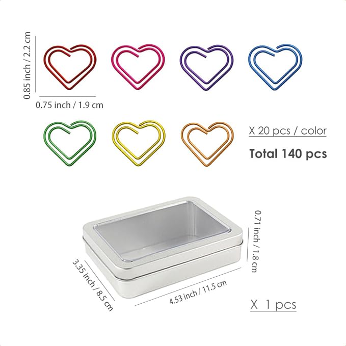 OWLFAVO 140pcs Heart Shape Paper Clips with Clear Box, 7 Metallic Colors, Funny Cute Paperclips Bookmarks Planner Clips for Fun Office Supplies School Gifts Wedding Decoration