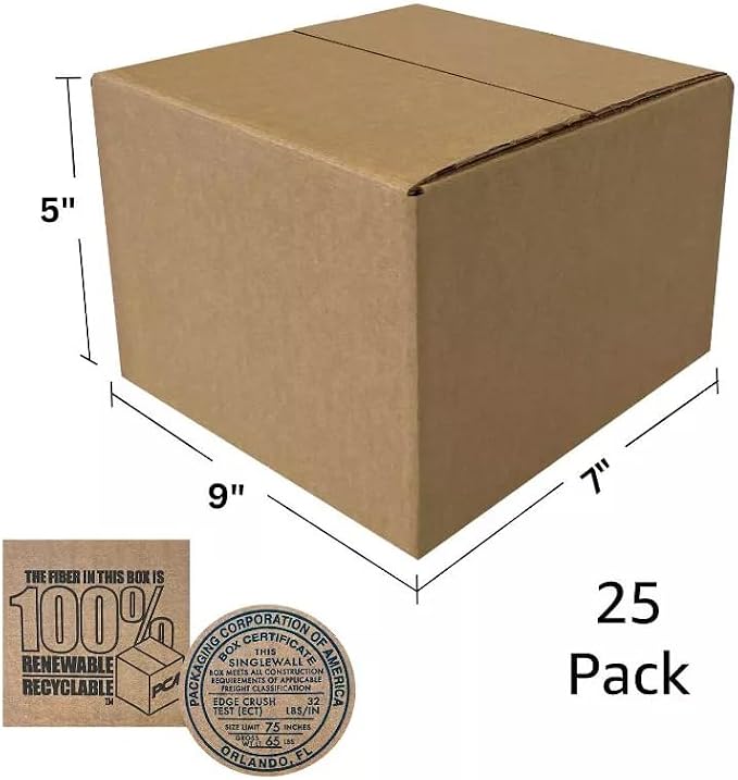 Corrugated Small Mail Shipping Boxes, 9 x 7 x 5 inch, 25 pack | Corrugated Box Mailers, For Storage, For Shipping, For Mailing