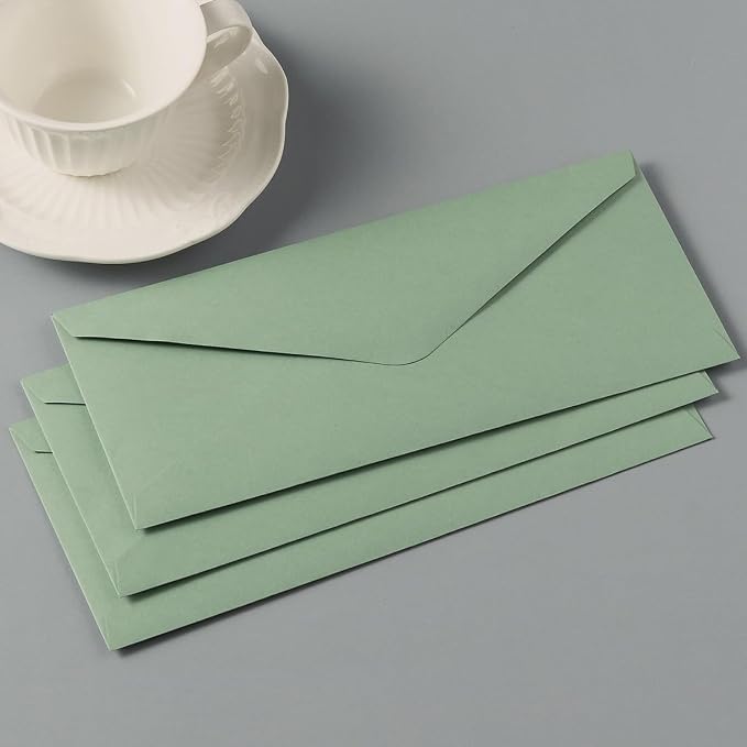 50 Pack Sage Green #10 Business Envelopes with Stickers, 4.13 x 9.49 Inches | Standard Envelopes V Flap, For Office, Business Letter, Letter Mailing