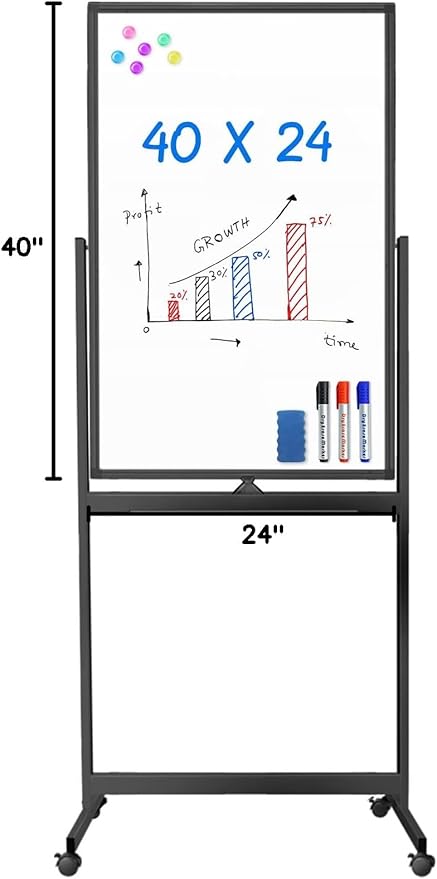 Maxtek Magnetic White Board on Wheels 40x24 Black Mobile Double-Sided Board | Mobile Dry Erase Board on Stand, Rolling Aluminum Frame Reversible Writing Surface for Office, School, Home and Homeschool