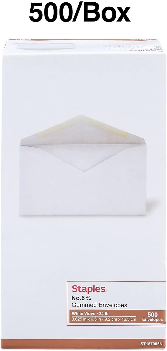 Staples #6 White Business Envelopes, V-Flap Gummed, 500/Pack | Letter-size mailing envelopes for everyday office correspondence.