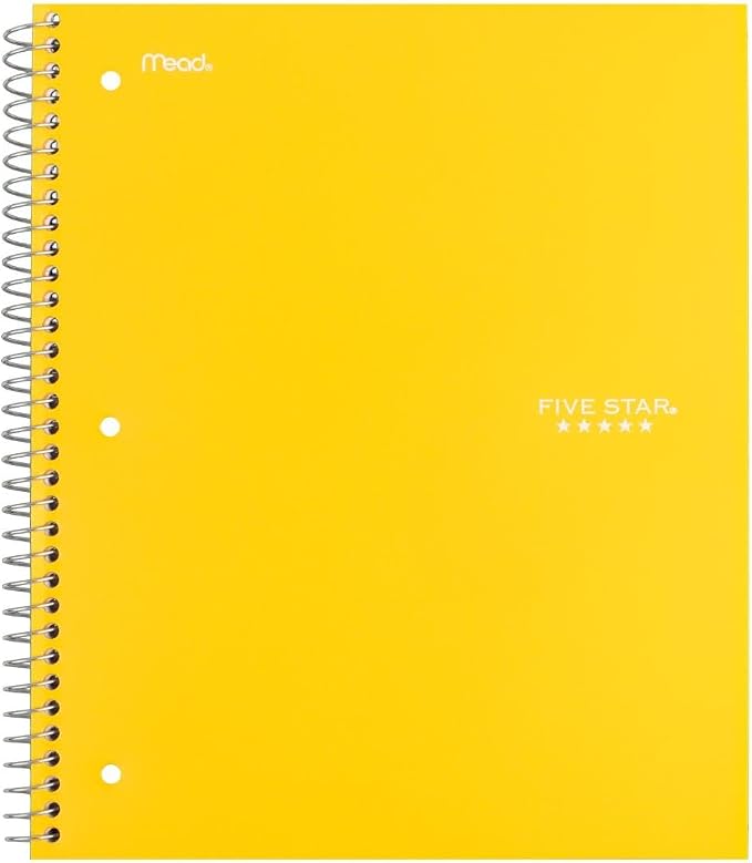 Five Star Spiral Notebook + Study App, 1 Subject, Wide Ruled Paper, 8" x 10.5", 100 Sheets, Fights Ink Bleed, Water Resistant Cover, Vivid Yellow (930010CJ1)