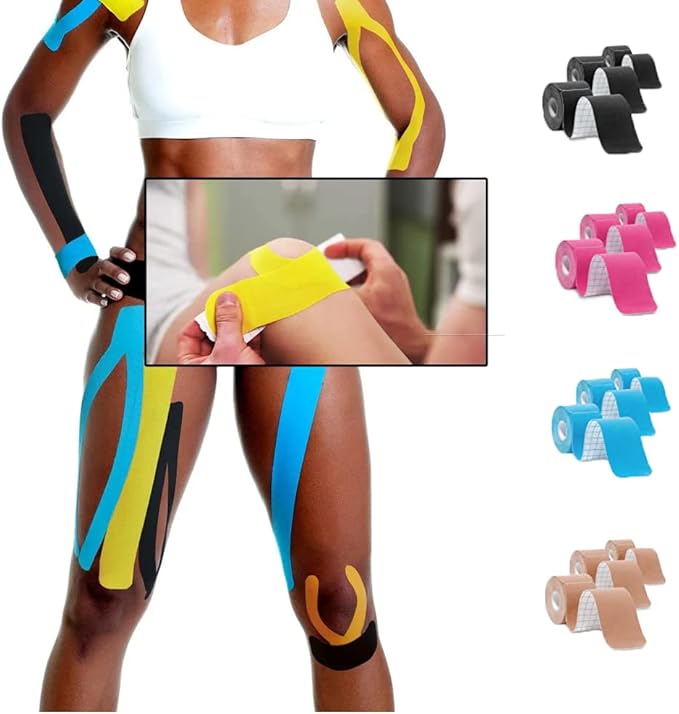 Kinesiology Tape Precut (6 Rolls,120 Precut Strips) Waterproof Sports & Athletic Tape Therapeutic Physio Elastic Sports Tape Pain Relief Adhesive for Muscles Shin Splints Ankle Knee & Shoulder(Black)