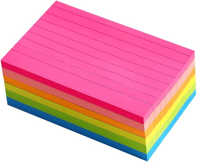 Lined Sticky Notes 3X5 in Bright Ruled Stickies Colorful Memo Pads | Super Sticking Power Strong Adhesive,6 Pads/Pack, 75 Sheets/pad