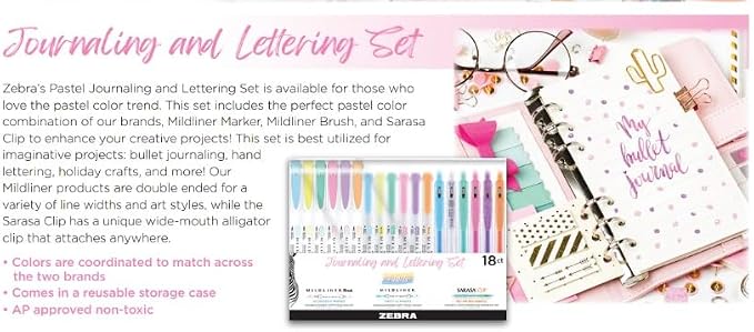 Zebra Pen MILDLINER Highlighter, Brush & SARASA Gel Pen Set, Assorted 18-Pk | Includes 6 MILDLINER Highlighters, 6 Brush Pens, and 6 SARASA Clip Gel Pens, Ideal for Journaling and Hand Lettering (76018)