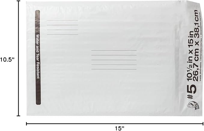 Duck Brand #5 Poly Bubble Mailer, 10.5" x 15", White, 25-Pack
