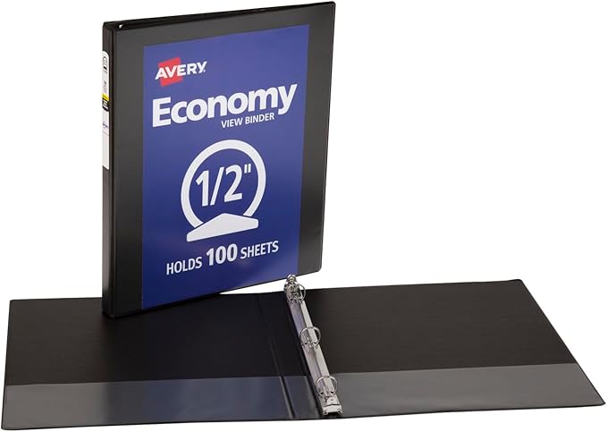 Avery Economy View 3 Ring Binder, 0.5" Round Rings, 100-Sheet Capacity, 0.7 Inch Wide Spine, Great for Home, School Supplies, Office, or Organization Needs, 1 Black Binder (05751) (Pack of 12)