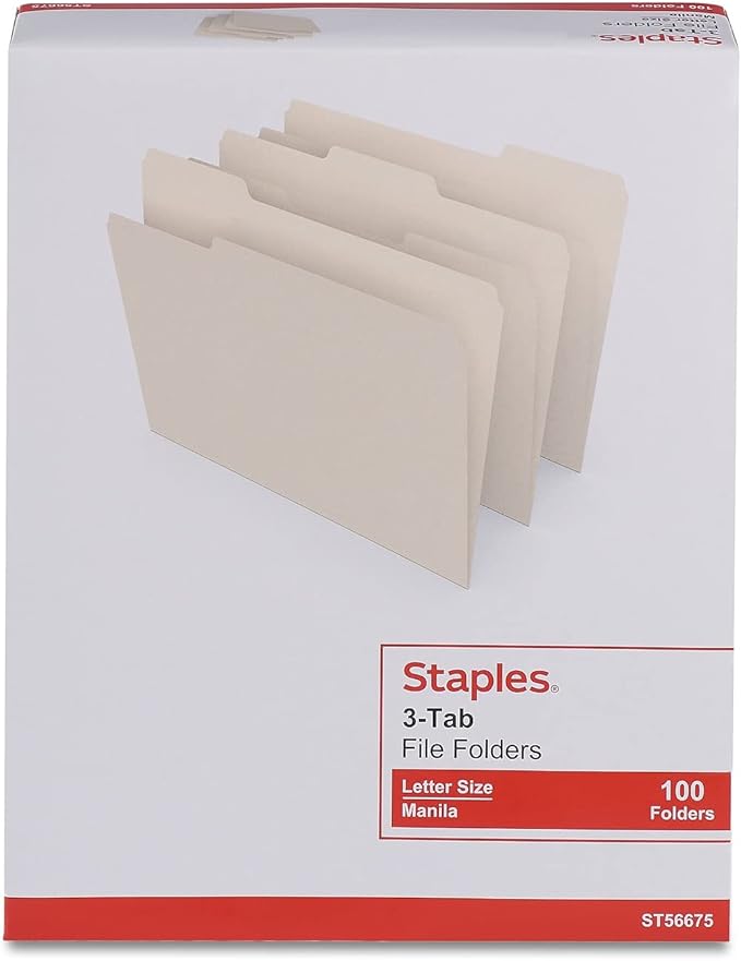 Staples File Folders, Letter Size, 1/3-Cut Tabs, Manila, 100/Pack | Durable paper stock with assorted tab positions for everyday document filing.
