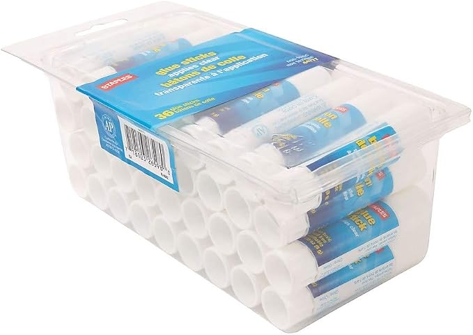 Staples Washable Glue Sticks, Clear, 8g, 36-Pack | Bulk easy-clean adhesive for classrooms and craft projects.