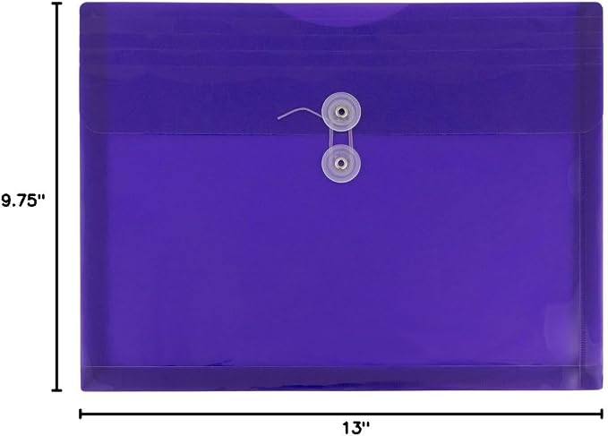JAM PAPER Plastic Envelopes with Button & String Tie Closure - Letter Booklet - 9 3/4 x 13 - Purple - 12/Pack