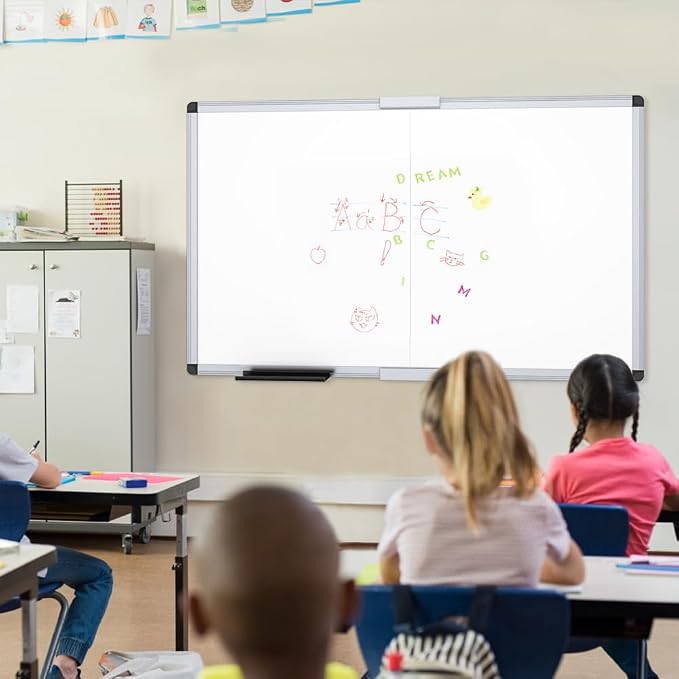 VIZ-PRO Large Magnetic Dry Erase Whiteboard, 60 x 48 Inches, Foldable | Silver Aluminum Frame, 5' x 4' Wall-Mounted Board with Marker Tray for School Office and Home
