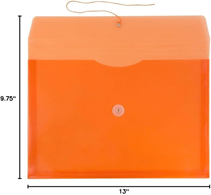 JAM PAPER Plastic Envelopes with Button & String Tie Closure - Letter Booklet - 9 3/4 x 13 - Orange - 12/Pack