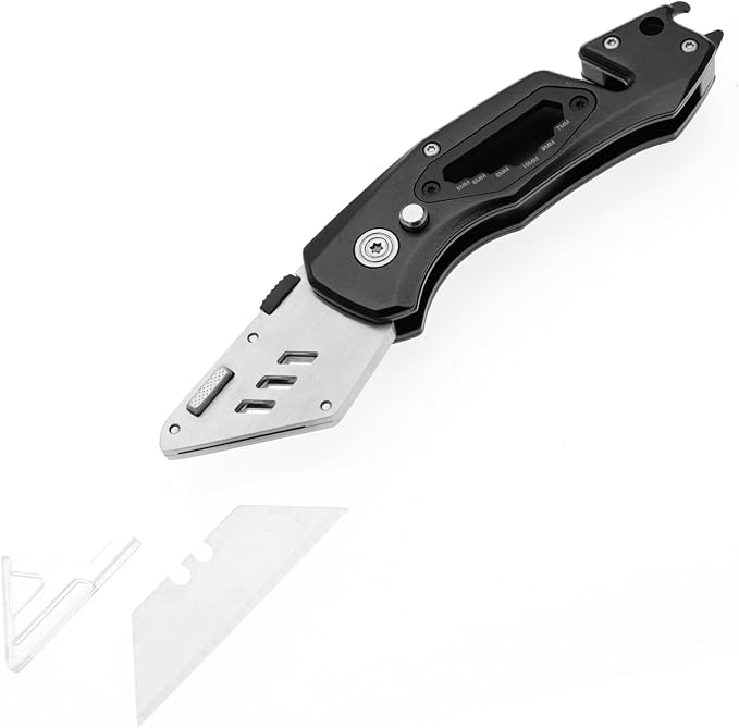 Utility Knife Folding Safety Lock Quick Change with 10 Extra SK5 Replacement Blade Lightweight Aluminum Handle & Pocket Clip Multi-Use Box Cutter Office Home Art Diy Great Gift Choice (Upg V. Black)