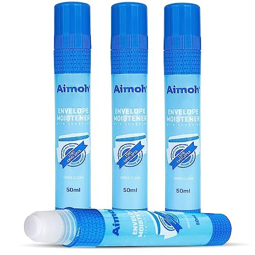 Aimoh Envelope Moistener & Envelope Sealer, Fast-Drying Adhesive 4-Pack | For envelopes, stamps & letters, Quick-drying, Clear finish, Non-toxic, 4 x 50ml, Home, office & school use (13454)