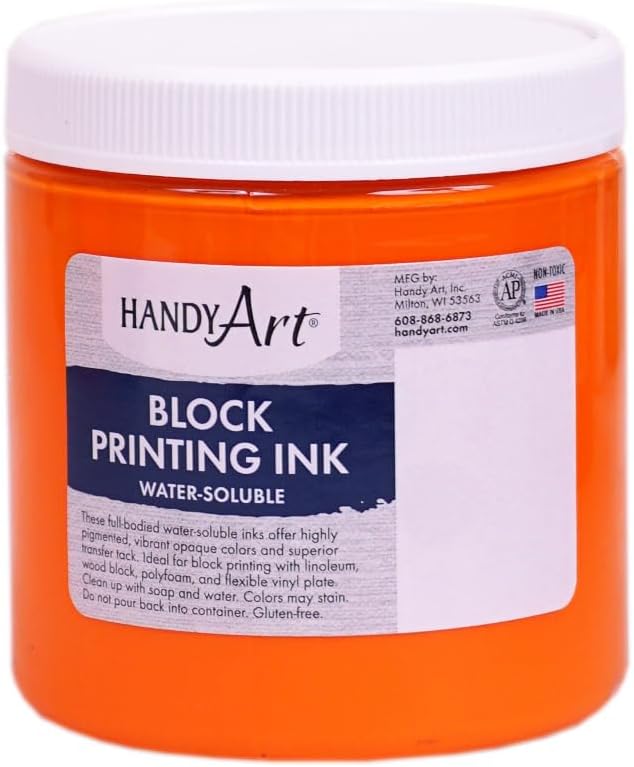 Handy Art Non-Toxic Water Soluble Block Printing Ink, 8 oz Jar, Orange