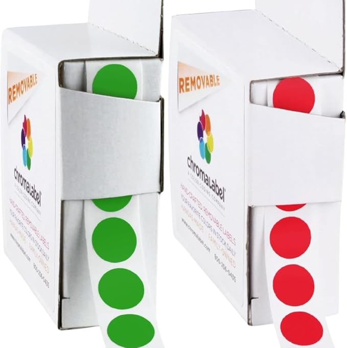 Removable Red and Green Dots, 1/2 Inch, 1000/Box Each Color | Semi-Gloss Paper Circle Labels for Offices, Classrooms, Retail, Warehouses, Food Service, and Medical Use. Made in USA