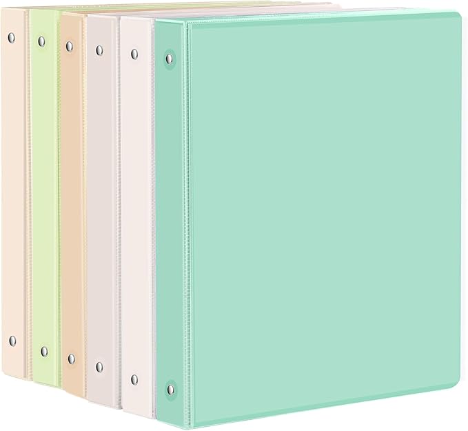 3 Ring Binder - 6 Pack, 1 Inch Binder with 2 Interior Pockets & Clear View Overlay, Large Capacity, Round Ring Binders for Office Supplies, School & Home (6 Colors, Light Colors)
