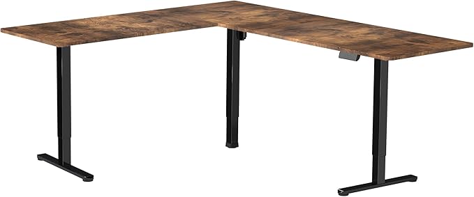 VIVO Corner Standing Desk, 84 x 63 inch Reversible L-Shaped Workstation, Electric Height Adjustment, Home, Office, and Reception Rooms, Rustic Vintage Brown Table Top Black Frame, DESK-E3CTBN-84