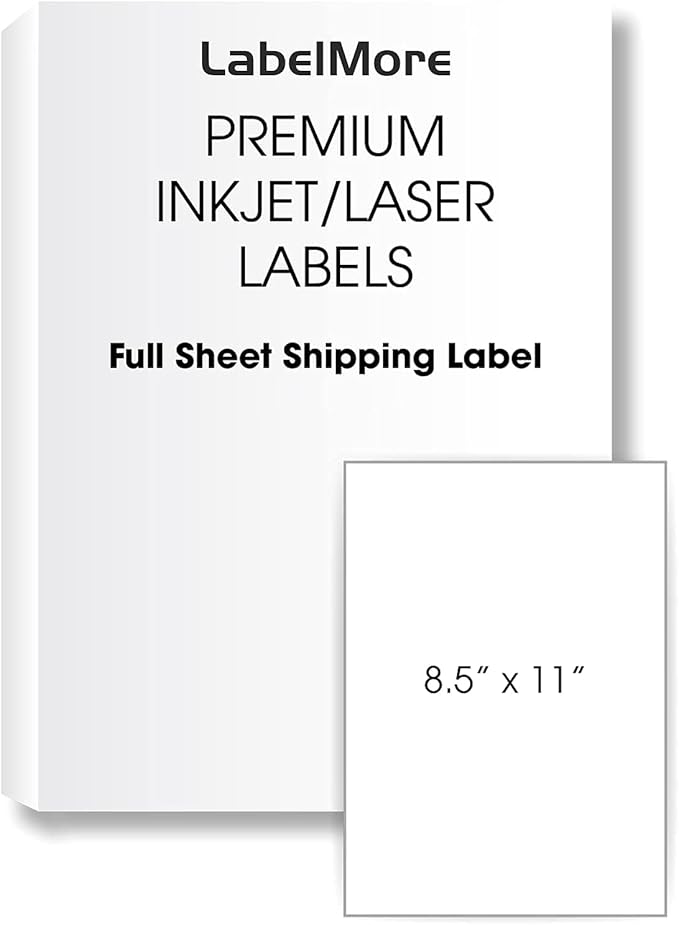 LabelMore 8.5 x 11 Full Sheet Sticker Label for Laser & Inkjet Printers, 5000 mailing Shipping Labels, White